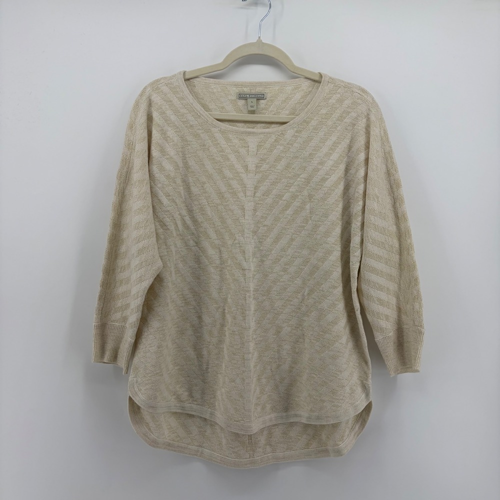 Dana Buchman Womens Large Gold Cream Metallic Knit Sweater 3/4 Sleeve High-Low